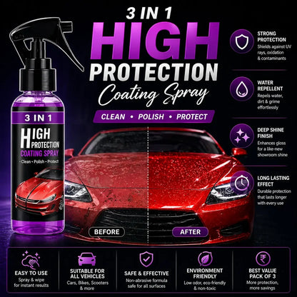 3 in 1 High Protection Car Quick Coating Spray | Advanced Nano Tech Polish & Shine | Waterless Wash & Protection | Pack of 3 (100ml Each)